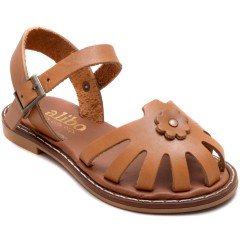 AB-7 Çiçekli Kız Patik Sandalet - Taba (Deri)