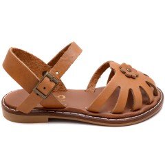 AB-7 Çiçekli Kız Patik Sandalet - Taba (Deri)