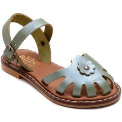 AB-7 Çiçekli Kız Patik Sandalet - Yeşil (Deri)