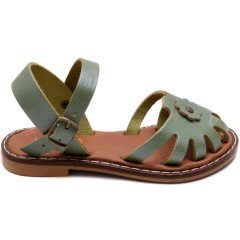 AB-7 Çiçekli Kız Patik Sandalet - Yeşil (Deri)