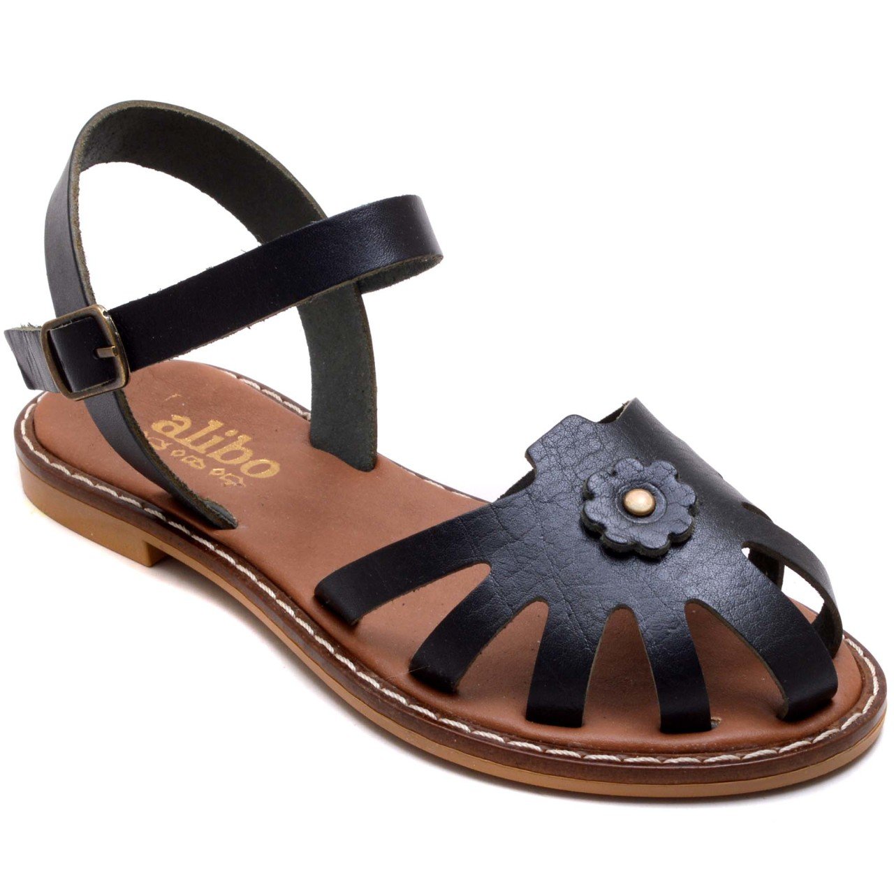 AB-7 Çiçekli Kız Filet Sandalet - Siyah (Deri)