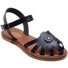AB-7 Çiçekli Kız Filet Sandalet - Siyah (Deri)