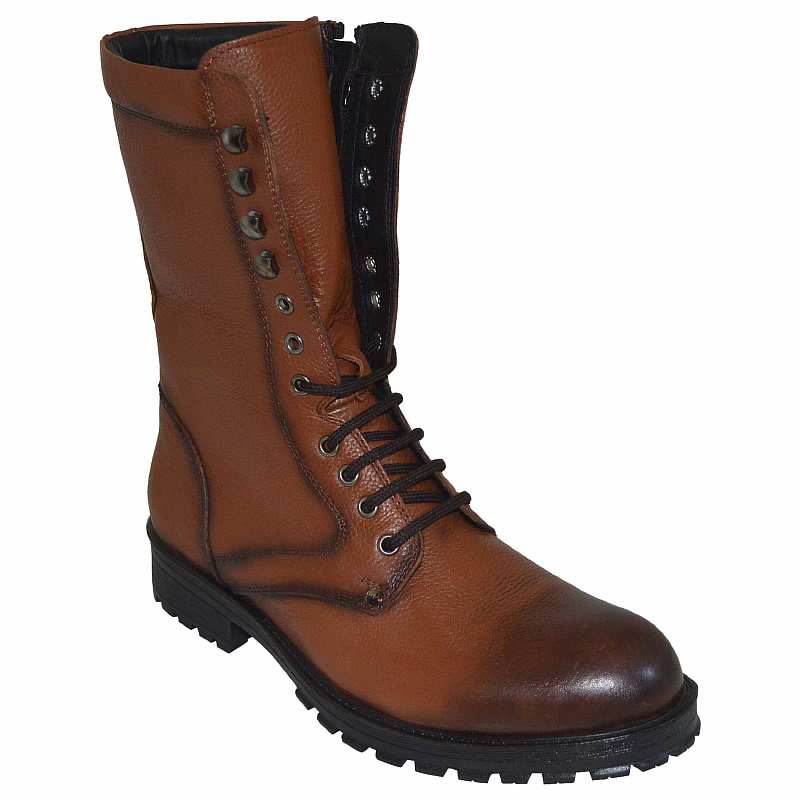 Erkek Uzun Desenli  Kışlık Deri Bot - Kahverengi