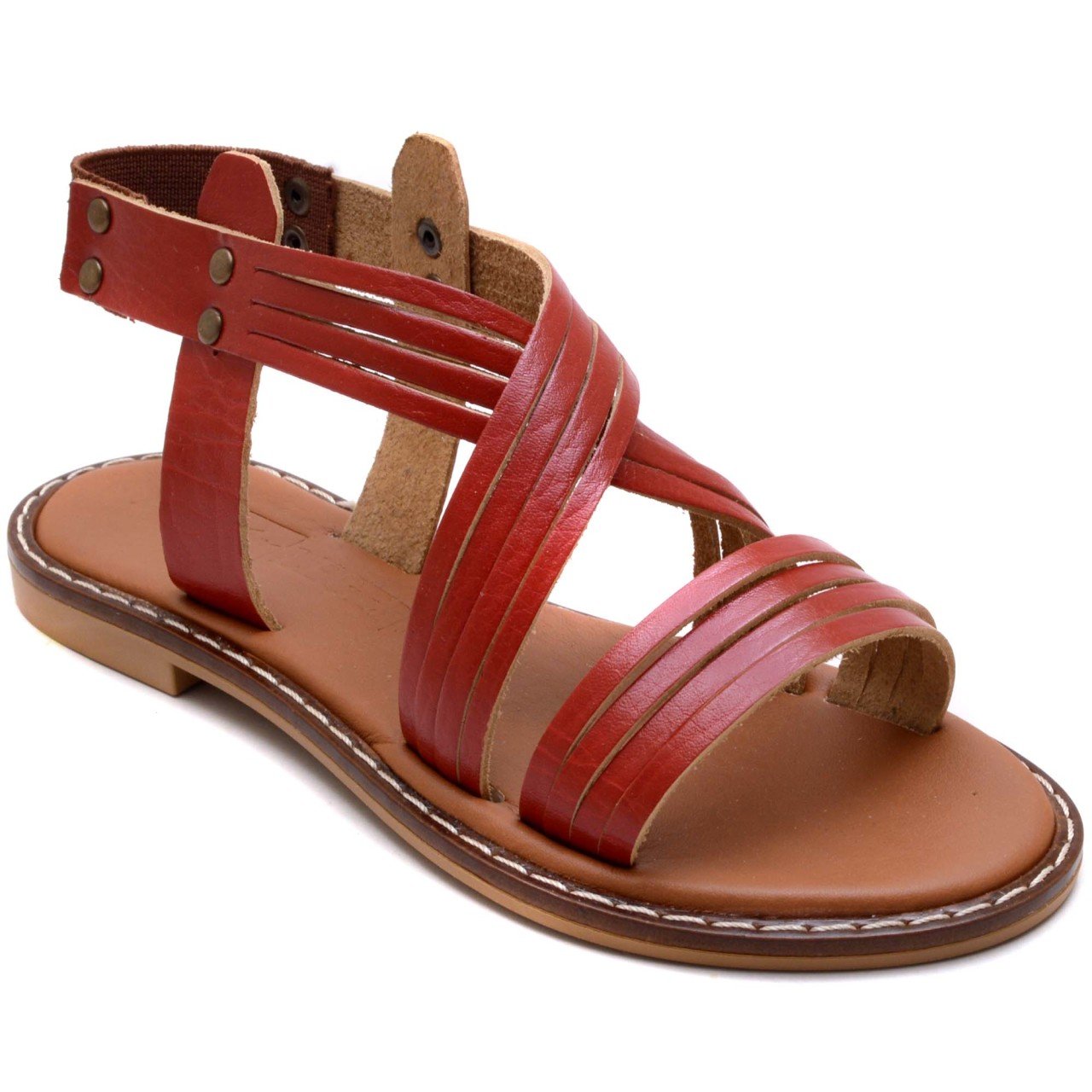 AB-9 Düz Kız Filet Sandalet - Kırmızı (Deri)