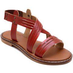 AB-9 Düz Kız Filet Sandalet - Kırmızı (Deri)
