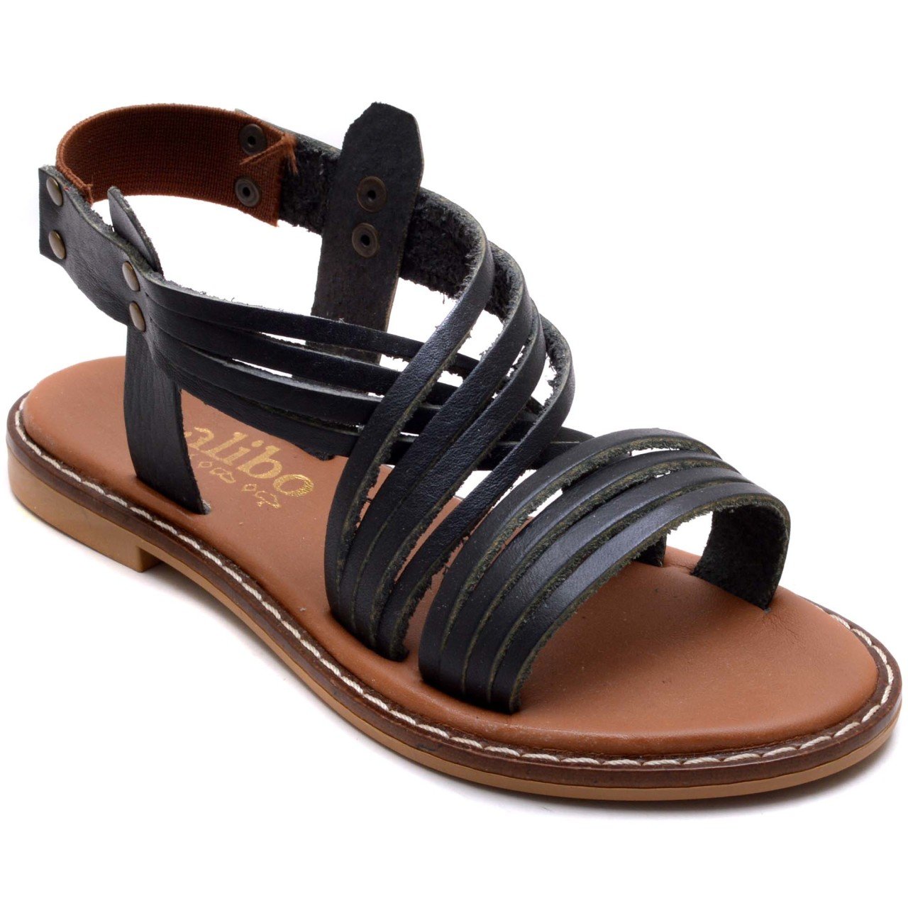 AB-9 Düz Kız Filet Sandalet - Siyah (Deri)