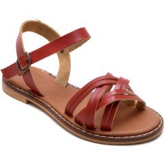 AB-11 Düz Kız Filet Sandalet - Kırmızı (Deri)