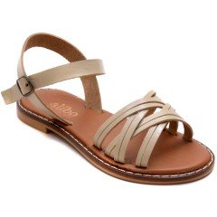 AB-11 Düz Kız Filet Sandalet - Krem (Deri)
