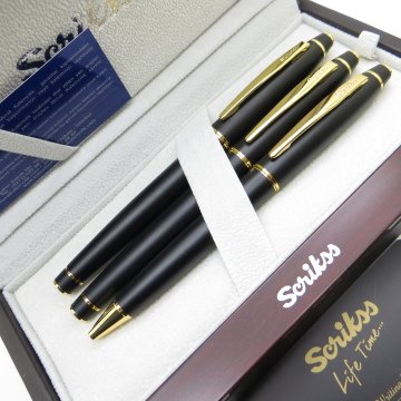 Scrikss 35 3'lü Set Mat Siyah Altın Ahşap Deri Kutulu | Dolma Kalem + Roller Kalem + Tükenmez Kalem Set | Scrikss Noble | İsme Özel Kalem | Hediyelik Kalem