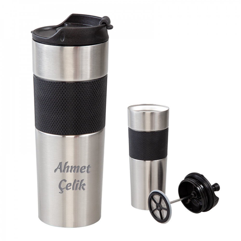 Wings French Press Brushed İsme Özel Çelik Termos 450ml. | 304 Paslanmaz Çelik - Kaydırmaz Taban - Süzgeçli - Kilitli Bardak Kapak - Sızdırmaz