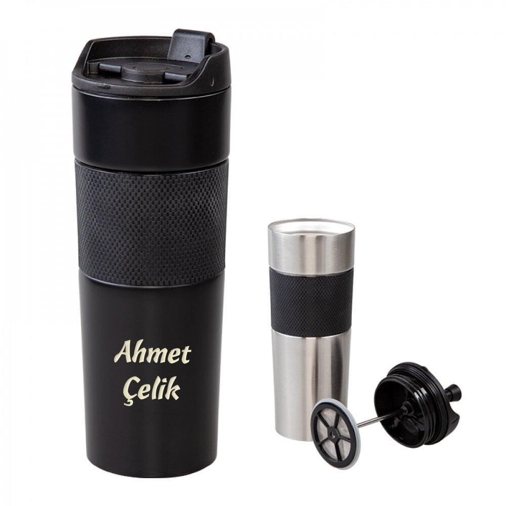 Wings French Press Mat Siyah İsme Özel Çelik Termos 450ml. | 304 Paslanmaz Çelik - Kaydırmaz Taban - Süzgeçli - Kilitli Bardak Kapak - Sızdırmaz