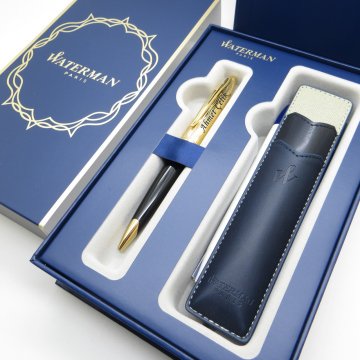 Waterman Carene Essential Siyah Altın Tükenmez Kalem + Deri Kılıflı Hediyelik Set | İsme Özel Kalem | Hediye Kalem