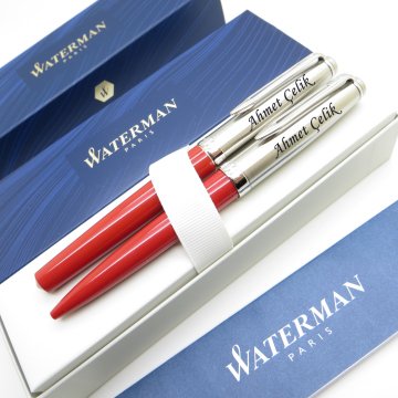 Waterman Embleme Kırmızı Roller Kalem + Tükenmez Kalem Set | İsme Özel Kalem | Hediye Kalem
