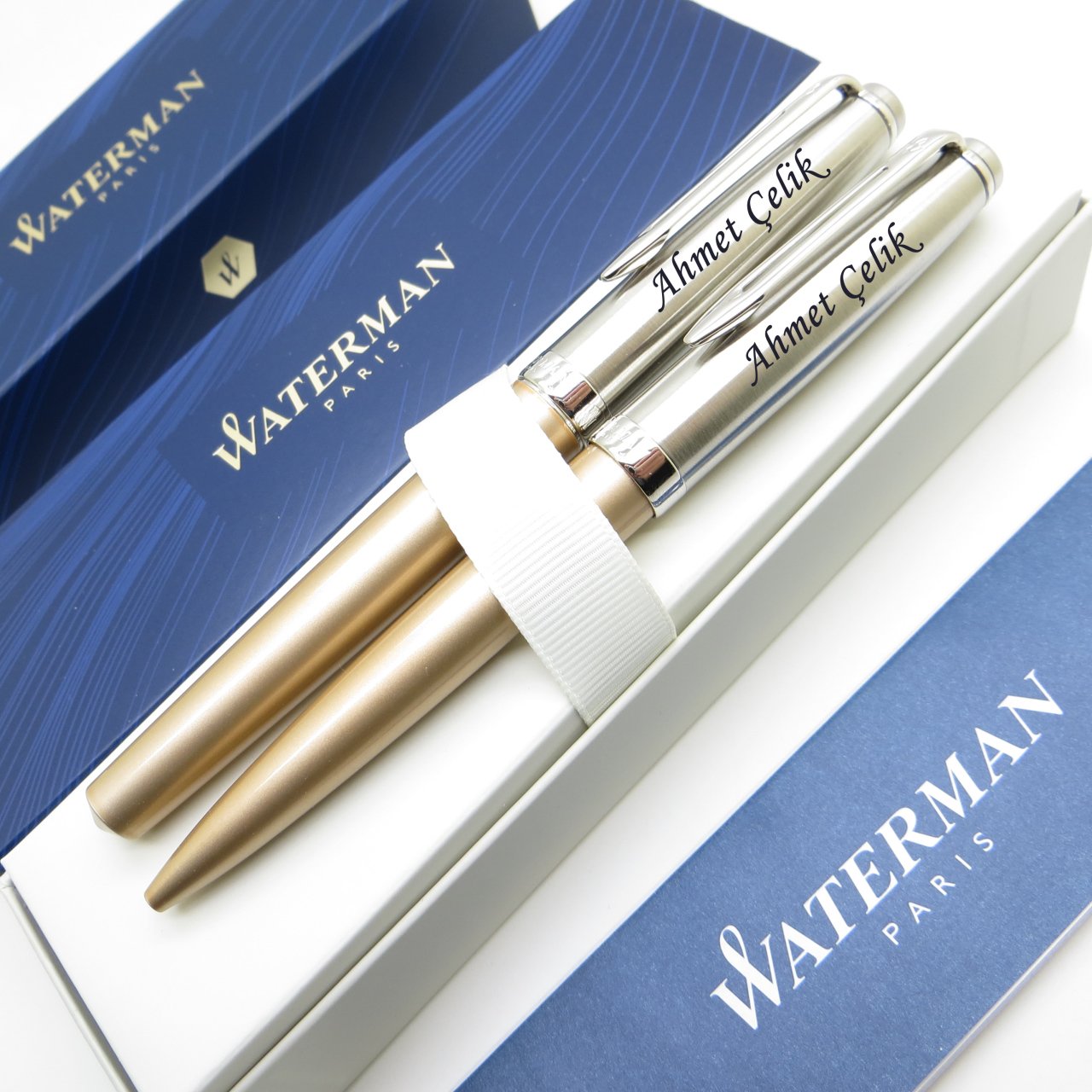 Waterman Embleme Deluxe Altın Dolma Kalem + Tükenmez Kalem Set | İsme Özel Kalem | Hediye Kalem