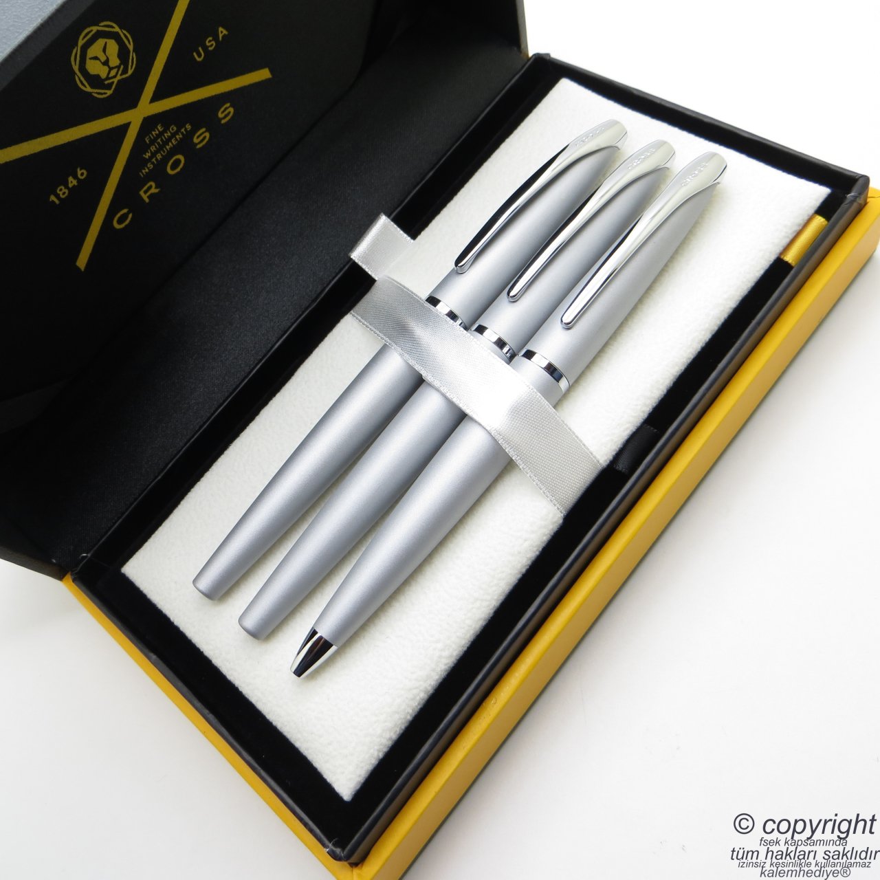 Cross 3'lü Kalem Seti - ATX 890-1 Mat Krom Dolma + Roller + Tükenmez Kalem Seti  |Cross Kalem | İsme Özel Kalem | Hediyelik Kalem Seti |