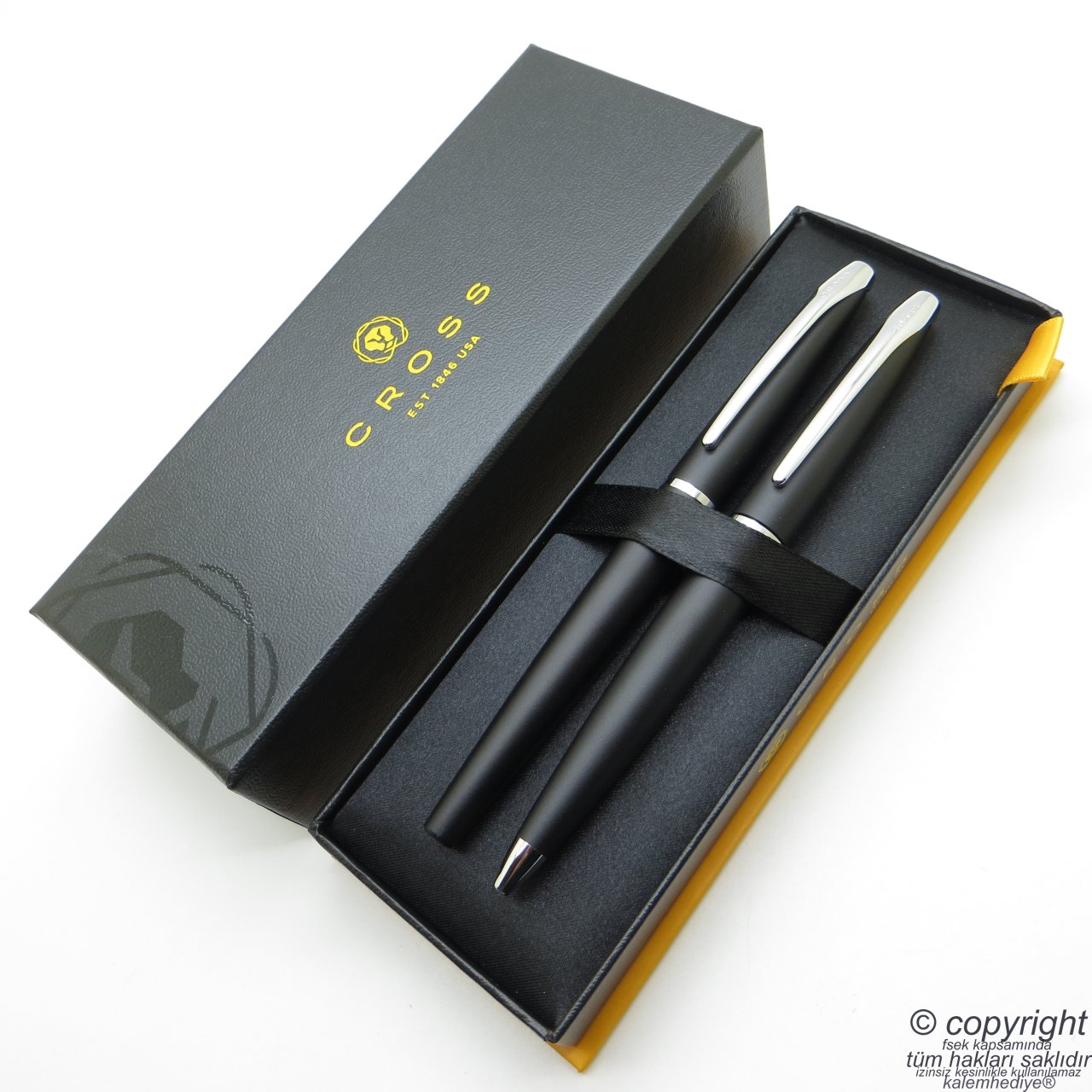 Cross ATX 888-3 Bazalt Siyah Roller Kalem + Tükenmez Kalem Set | İsme Özel Kalem Seti