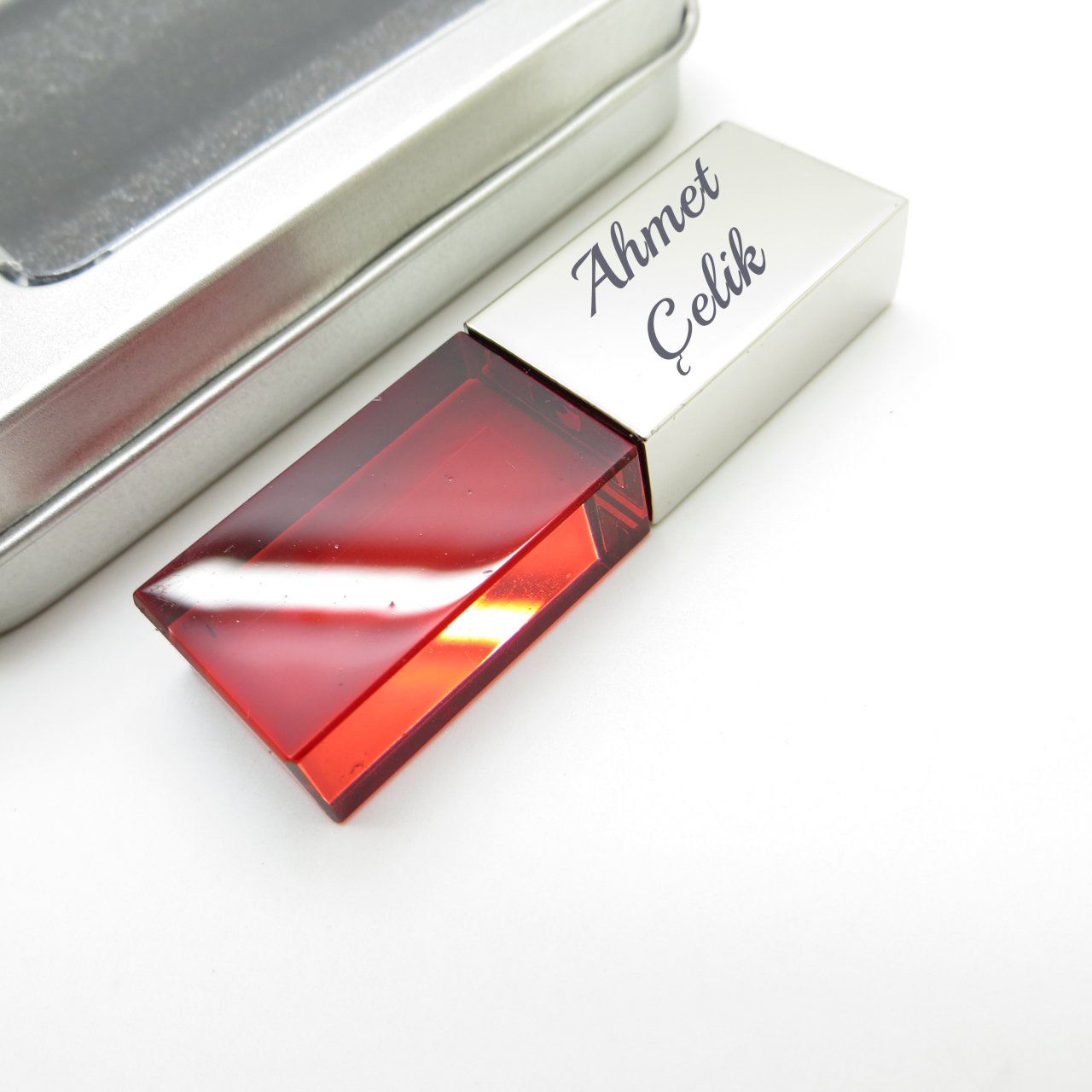 Wings Kişiye Özel Led Işıklı Kırmızı Kristal Usb Bellek 16GB Cam-Metal Gümüş Gri | İsme Özel Usb Bellek | Hediyelik Usb Flash Bellek