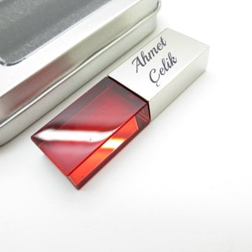 Wings Kişiye Özel Led Işıklı Kırmızı Kristal Usb Bellek 16GB Cam-Metal Gümüş Gri | İsme Özel Usb Bellek | Hediyelik Usb Flash Bellek