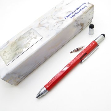 Wings Marble T466 Kırmızı Construction Mühendis Kalemi - Su Terazisi + Cetvel + Tornavida + Touch Pen | İsme Özel Kalem | Hediyelik Kalem
