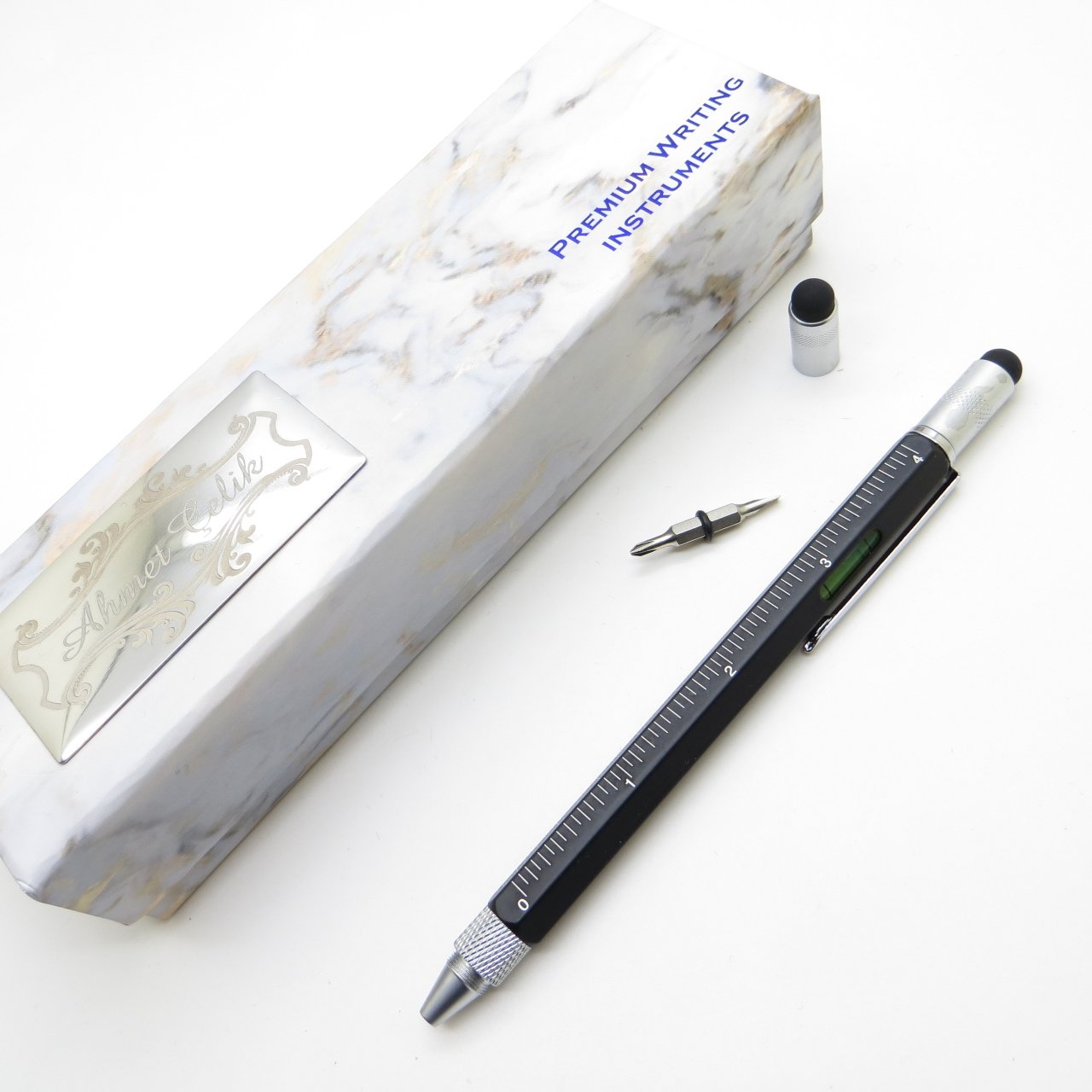 Wings Marble T470 Siyah Krom Construction Mühendis Kalemi - Su Terazisi + Cetvel + Tornavida + Touch Pen | İsme Özel Kalem | Hediyelik Kalem