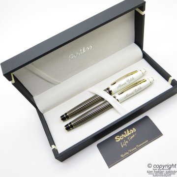Scrikss Special İsme Özel Siyah İnci Altın Çizgili Dolma Kalem + Roller Kalem Set