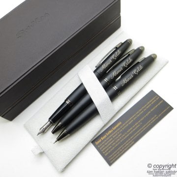 Scrikss 88 3'lü Set Mat Siyah Deri Ahşap Kutulu | Dolma Kalem + Versatil Kalem + Tükenmez Kalem Set | Scrikss Noble | İsme Özel Kalem | Hediyelik Kalem