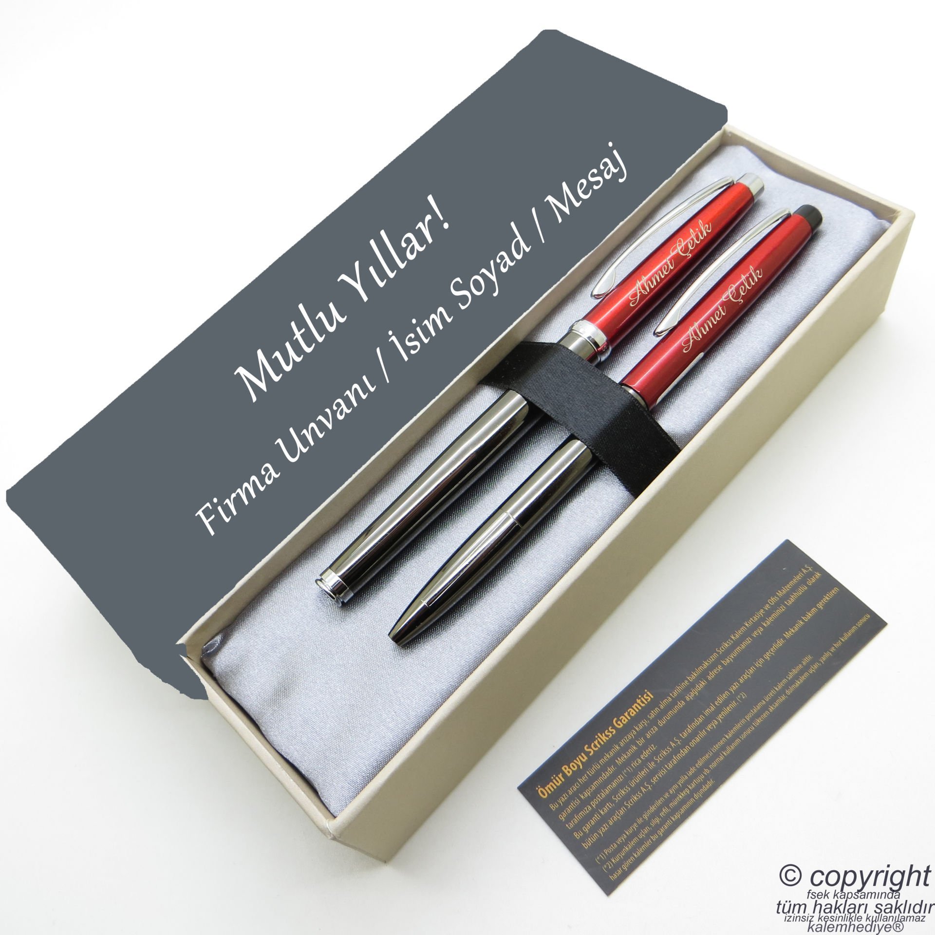 Scrikss İsme Özel Kalem Seti - Titanyum Kırmızı Roller + Tükenmez Set