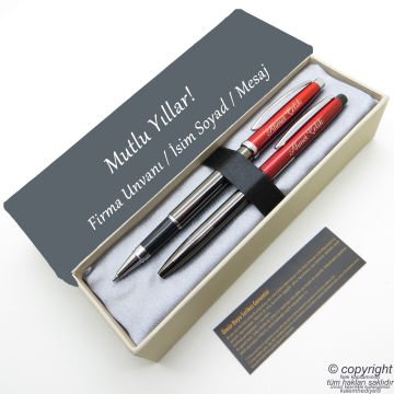 Scrikss İsme Özel Kalem Seti - Titanyum Kırmızı Roller + Tükenmez Set