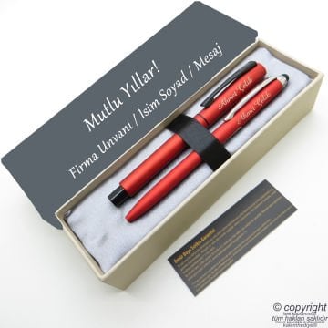 Scrikss İsme Özel Kalem Seti - Mat Kırmızı Krom Roller Kalem + Touch Tükenmez Set
