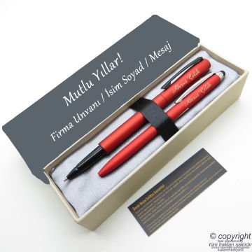 Scrikss İsme Özel Kalem Seti - Mat Kırmızı Krom Roller Kalem + Touch Tükenmez Set
