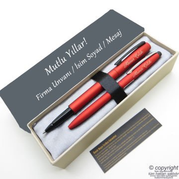 Scrikss İsme Özel Kalem Seti - Mat Kırmızı Roller Kalem + Tükenmez Set