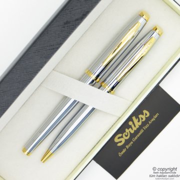 Scrikss 39 Gold Krom Roller Kalem + Tükenmez Kalem Seti | Scrikss Oscar | İsme Özel Kalem | Hediye Kalem