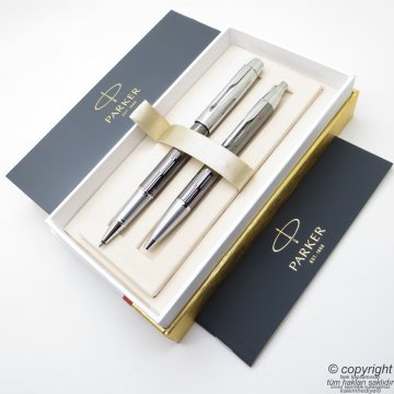 Parker IM Premium Desenli Kurşuni Metal Roller Kalem + Tükenmez Kalem | İsme Özel Kalem | Hediyelik Kalem