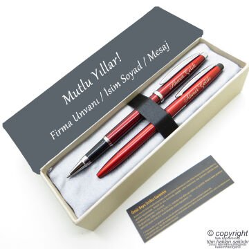 Scrikss İsme Özel Kalem Seti - Parlak Kırmızı Krom Roller Kalem + Tükenmez Set