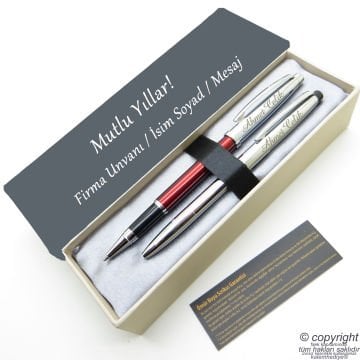 Scrikss İsme Özel Kalem Seti - Kırmızı Krom Roller Kalem + Tükenmez Set