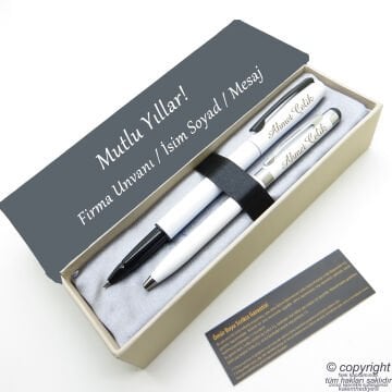 Scrikss İsme Özel Kalem Seti - Beyaz Krom Roller Kalem + Touch Tükenmez Set