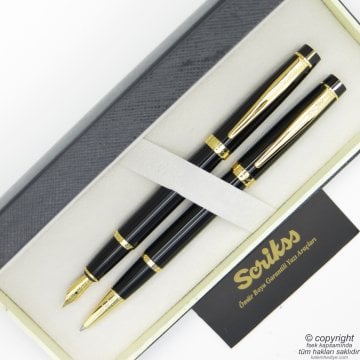 Scrikss 38 Siyah Altın Dolma Kalem + Roller Kalem Seti | Scrikss Oscar | İsme Özel Kalem | Hediye Kalem