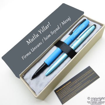 Scrikss İsme Özel Kalem Seti - Mavi Yeşil Krom Roller Kalem + Tükenmez Set