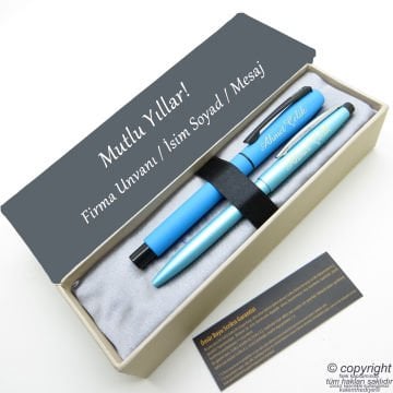 Scrikss İsme Özel Kalem Seti - Mavi Yeşil Krom Roller Kalem + Tükenmez Set