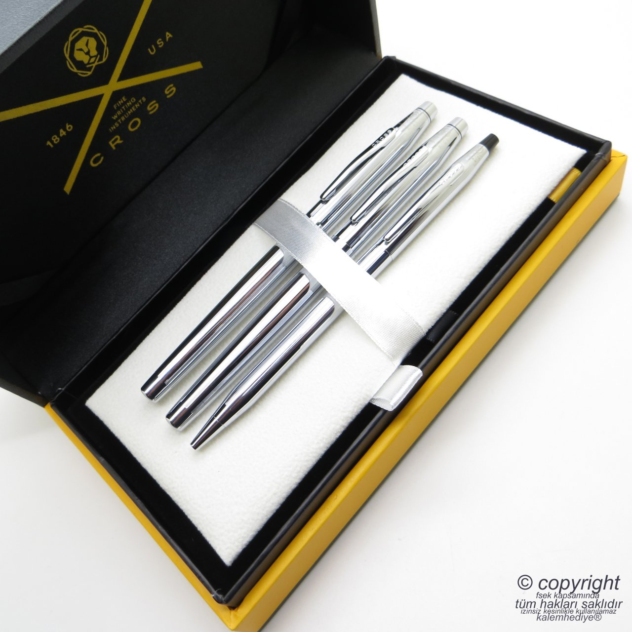 Cross 3'lü Kalem Seti - Klasik Century Parlak Krom Dolma + Roller + Tükenmez Kalem Seti | Cross Kalem | İsme Özel Kalem