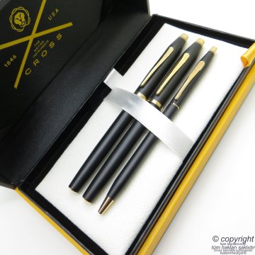 Cross 3'lü Kalem Seti - Klasik Century Mat Siyah Altın Dolma + Roller + Tükenmez Kalem Seti | Cross Kalem | İsme Özel Kalem