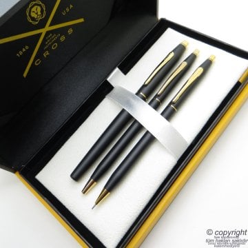 Cross 3'lü Kalem Seti - Klasik Century Slim Mat Siyah Altın Dolma + Tükenmez + Versatil Kalem Seti | Cross Kalem | İsme Özel Kalem