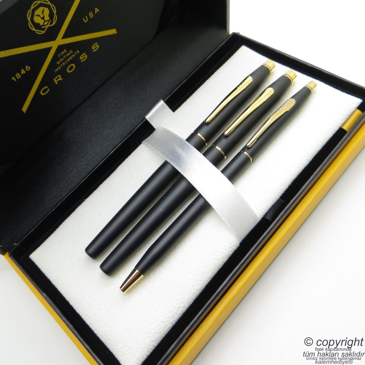 Cross 3'lü Kalem Seti - Klasik Century Slim Mat Siyah Altın Dolma + Roller + Tükenmez Kalem Seti | Cross Kalem | İsme Özel Kalem