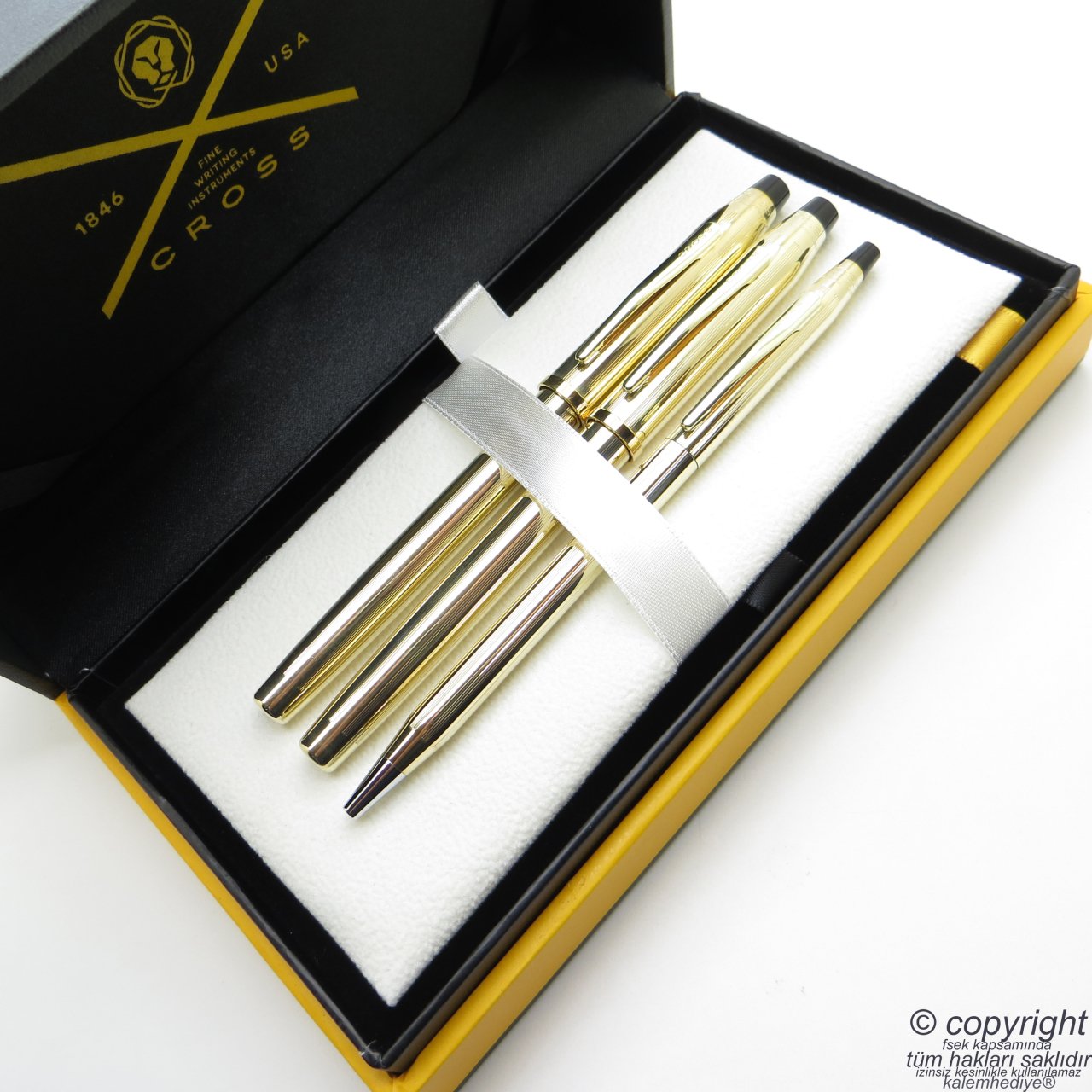 Cross 3'lü Kalem Seti - 10 Ayar Altın Kaplama Dolma + Roller + Tükenmez Kalem Seti | Cross Kalem | İsme Özel Kalem