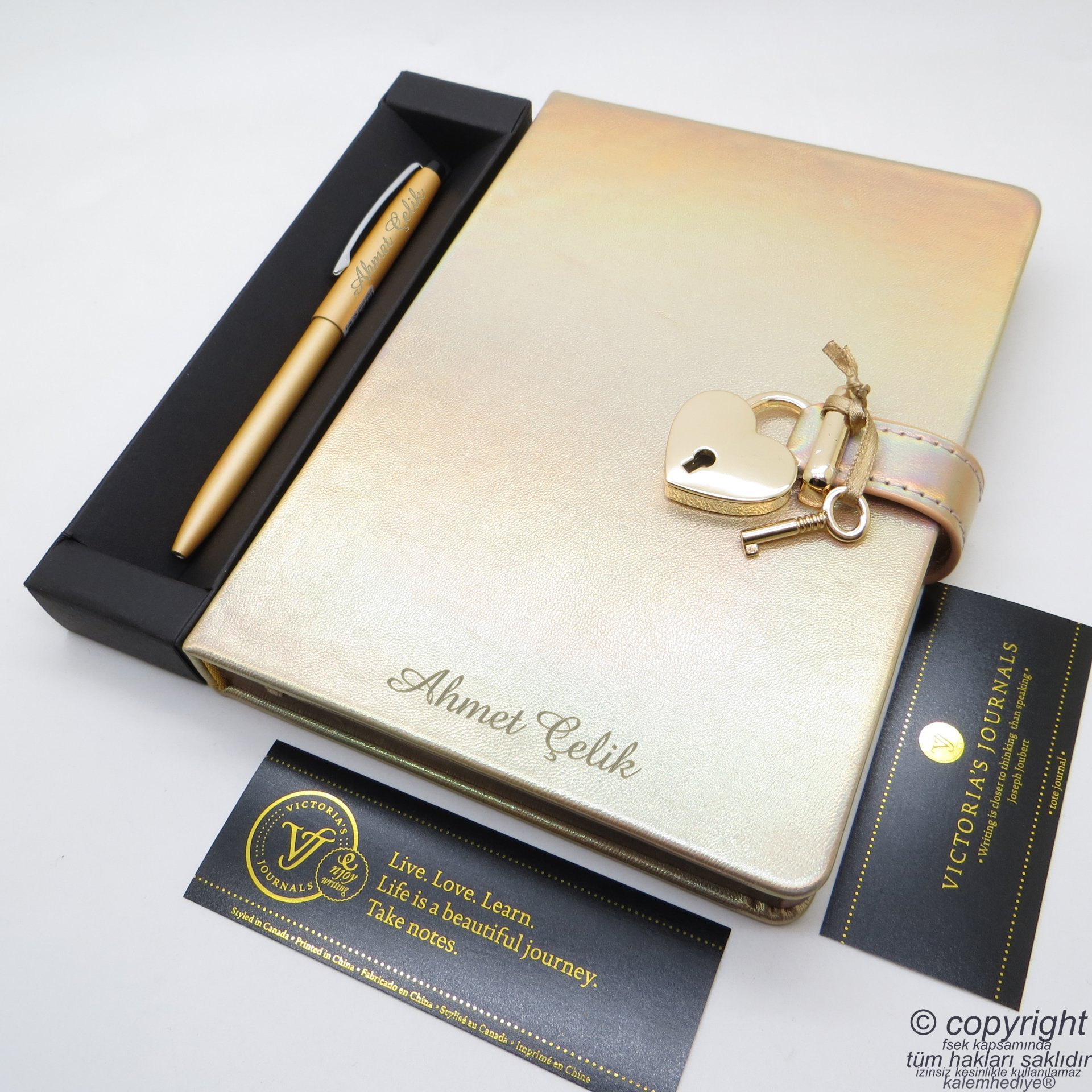 İsme Özel Kilitli Defter ve Scrikss Kalem | Metalik Gold,14x20cm. 160 Yaprak, 80gr. Hediyelik Set