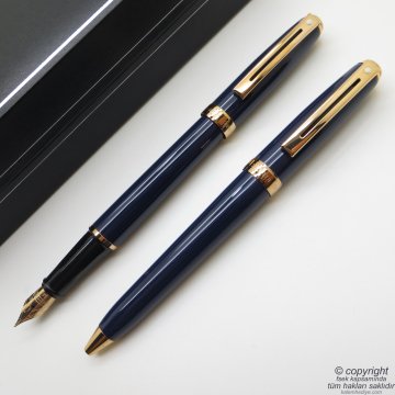 Sheaffer Prelude Kobalt Rose Gold Dolma Kalem + Tükenmez Kalem Seti | Kişiye Özel Kalem | İsme Özel Kalem Seti