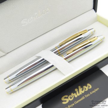 Scrikss 35 Gold Krom Dolma Kalem + Roller Kalem Seti | Scrikss Noble | İsme Özel Kalem | Hediye Kalem