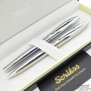 Scrikss 35 Parlak Krom Roller Kalem + Tükenmez Kalem Seti | Scrikss Noble | İsme Özel Kalem | Hediye Kalem