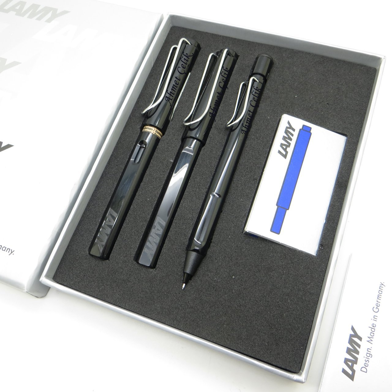 Lamy Safari Parlak Siyah Dolma Kalem + Roller Kalem + 0.5mm Tükenmez Kalem Set | İsme Özel