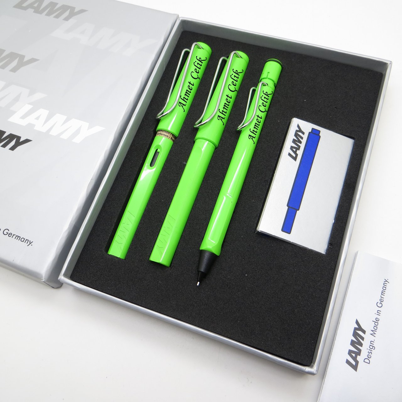 Lamy Safari Yeşil Dolma Kalem + Roller Kalem + 0.5mm Tükenmez Kalem Set | İsme Özel